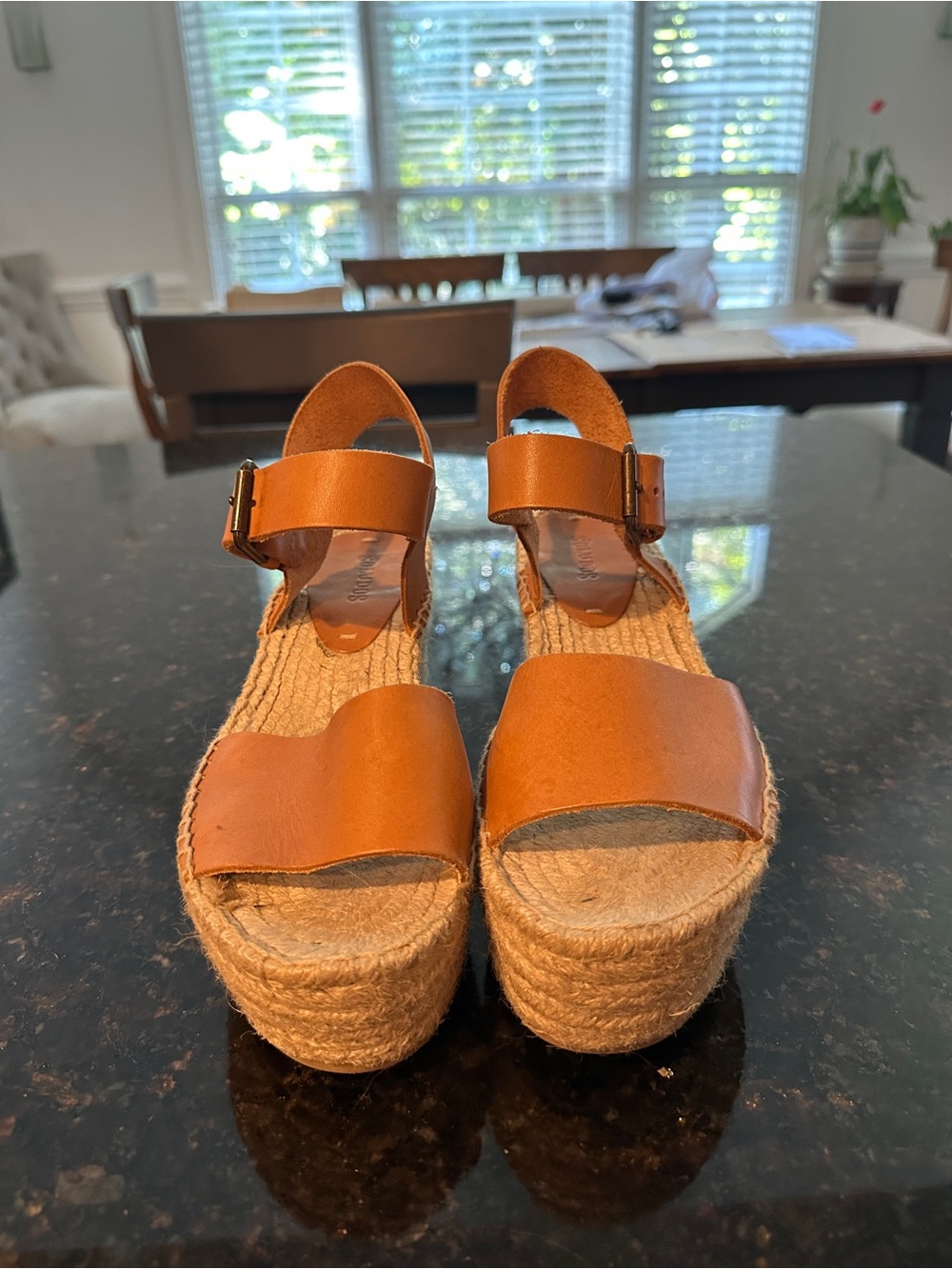 Soludos Tan Leather Espadrille Wedge Sandals with Ankle Strap